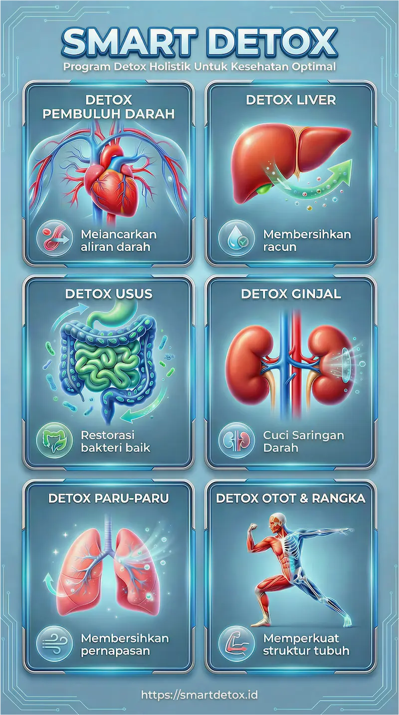 Infografis Smart Detox mencakup detox pembuluh darah, liver, ginjal, paru-paru, usus, dan otot rangka